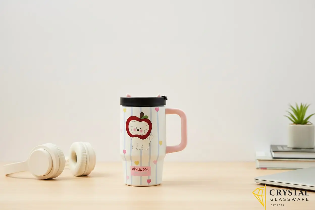 Cute striped thermal mug with a handle, lid, and an "Apple, Dog" puppy